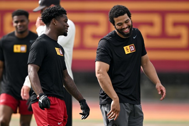 USC's Tahj Washington, left, and Caleb Williams at the school's pro day on Wednesday, March 20, 2024. (David Crane, Los Angeles Daily News)