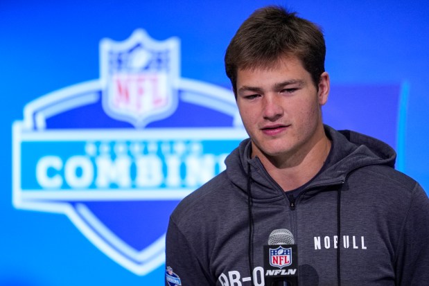 North Carolina quarterback Drake Maye speaks during a news conference at the scouting combine on March 1, 2024, in Indianapolis. (Michael Conroy/AP)