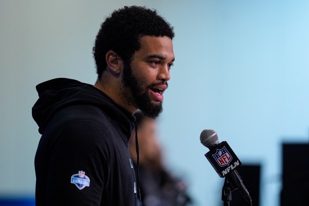 USC quarterback Caleb Williams speaks during a news conference at the NFL scouting combine in Indianapolis on March 1, 2024. (AP Photo/Michael Conroy)