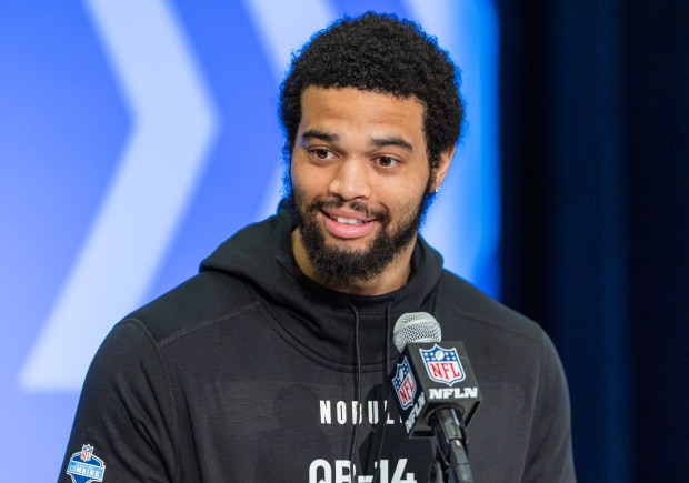 USC quarterback Caleb Williams speaks to the media during the NFL combine on Friday, March 1, 2024, in Indianapolis. (Michael Hickey/Getty Images)