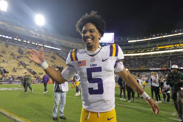 LSU quarterback Jayden Daniels celebrates a win over Florida on Nov. 11, 2023, in Baton Rouge, La. (Jonathan Bachman/Getty Images)