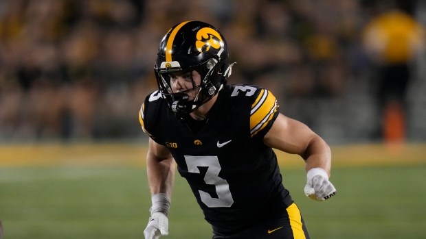 Iowa defensive back Cooper DeJean runs on the field against Michigan State on Sept. 30, 2023, in Iowa City, Iowa. (Charlie Neibergall/AP Photo)