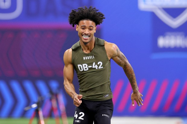 Clemson's Nate Wiggins participates in the 40-yard dash during the NFL combine at Lucas Oil Stadium on March 1, 2024, in Indianapolis. (Stacy Revere/Getty Images)