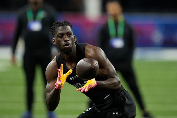 LSU wide receiver Brian Thomas runs a drill at the NFL scouting combine on March 2, 2024, in Indianapolis. (AP Photo/Darron Cummings)