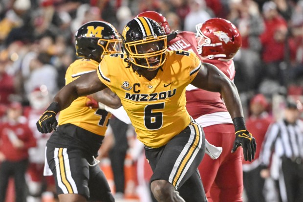 Missouri defensive lineman Darius Robinson against Arkansas on Nov. 24, 2023, in Fayetteville, Ark. (Michael Woods/AP)