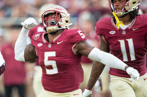 Florida State defensive end Jared Verse celebrates after a big play against Virginia Tech on Oct. 7, 2023, in Tallahassee, Fla. (Michael Chang/Getty Images)