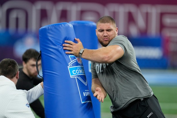 Florida State defensive lineman Braden Fiske runs a drill at the NFL scouting combine on Feb. 29, 2024, in Indianapolis. (AP Photo/Darron Cummings)