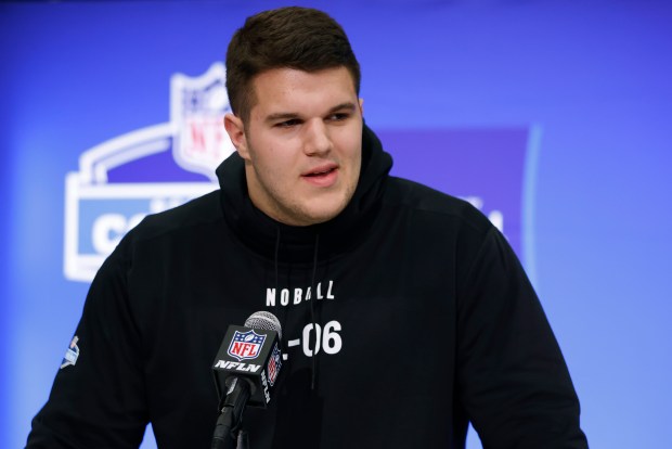 Due's Graham Barton speaks to the media during the 2024 NFL combine on March 2, 2024, in Indianapolis. (Justin Casterline/Getty Images)