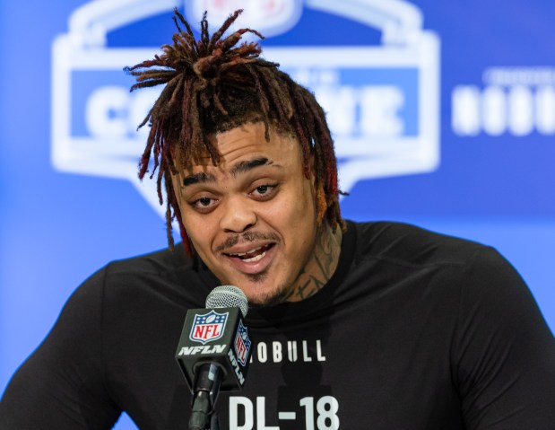 Texas' Byron Murphy speaks to the media during the NFL combine at Lucas Oil Stadium on Feb. 28, 2024, in Indianapolis. (Michael Hickey/Getty Images)