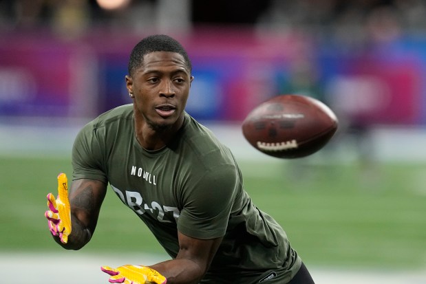 Toledo defensive back Quinyon Mitchell runs a drill at the NFL scouting combine on March 1, 2024, in Indianapolis. (AP Photo/Darron Cummings)