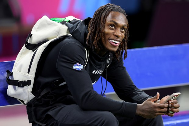 Texas' Xavier Worthy smiles after breaking the 40-yard dash record with a time of 4.21 seconds during the NFL combine at Lucas Oil Stadium on March 2, 2024, in Indianapolis. (Stacy Revere/Getty Images)