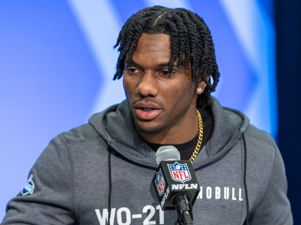 LSU wide receiver Malik Nabers speaks to the media during the NFL combine at Lucas Oil Stadium on March 1, 2024, in Indianapolis. (Michael Hickey/Getty Images)