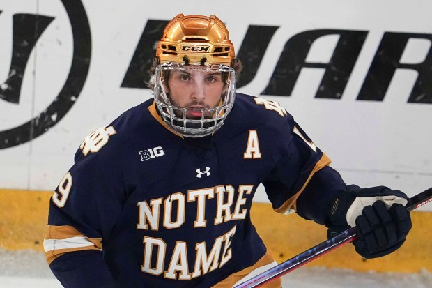 Notre Dame forward Landon Slaggert during a game on Oct. 7, 2022, in Denver. The Blackhawks agreed to a two-year contract with Slaggert on Sunday, March 10, 2024. (AP Photo/Bart Young)