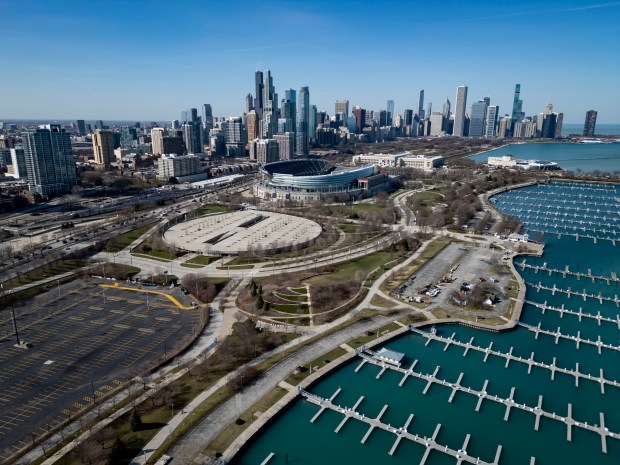 A parking lot and Waldron Deck south of Soldier Field on the lakefront on Monday, March 11, 2024, where the Bears have proposed building a new domed stadium. (Brian Cassella/Chicago Tribune)