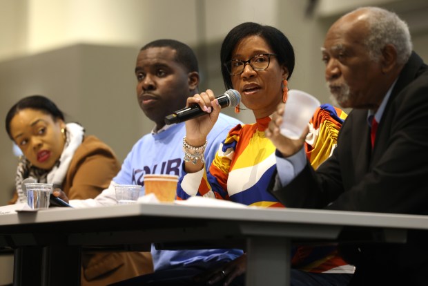 Candidates in the 7th Congressional District Democratic primary Kina Collins, from left, Kouri Marshall, Melissa Conyears-Ervin and incumbent U.S. Rep. Danny Davis take turns speaking to high school students at a voting rally at Chicago Teachers Union headquarters, March 15, 2024. (Antonio Perez/Chicago Tribune)