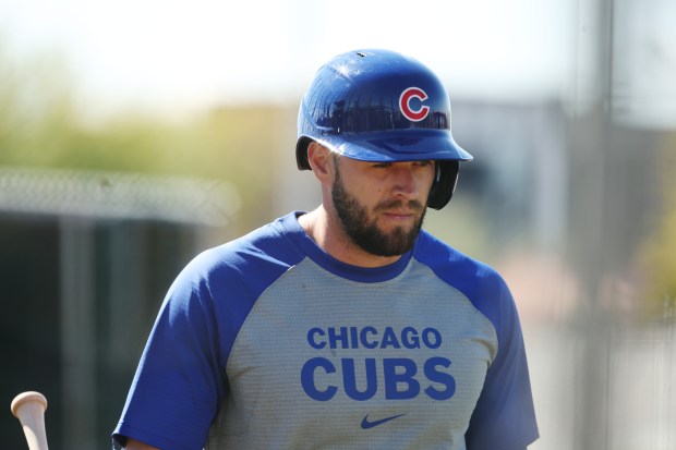 Chicago Cubs third baseman David Bote catches his breath during practice on Feb. 22, 2024, at Sloan Park in Mesa, Ariz. (Stacey Wescott/Chicago Tribune)