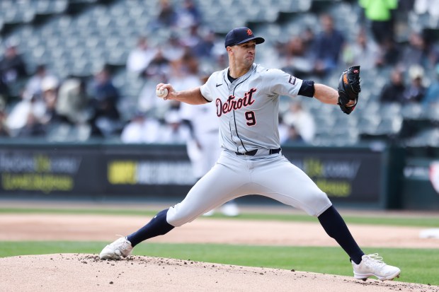 Detroit Tigers starting pitcher Jack Flaherty, 9, pitches during the first inning of the game against the Chicago White Sox at Guaranteed Rate Field in Chicago on March 31, 2024. (Eileen T. Meslar/Chicago Tribune)