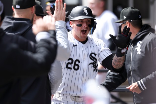 Chicago White Sox catcher Korey Lee, 26, celebrates his home run during the third inning of the game against the Detroit Tigers at Guaranteed Rate Field in Chicago on March 31, 2024. (Eileen T. Meslar/Chicago Tribune)