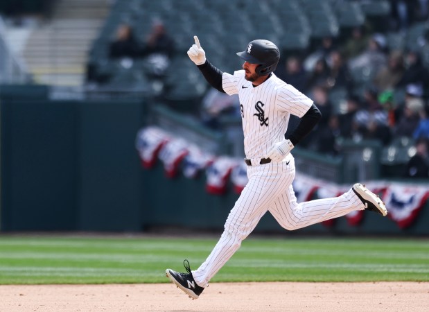 Chicago White Sox shortstop Paul DeJong, 29, runs the bases after hitting a home run during the seventh inning of the game against the Detroit Tigers at Guaranteed Rate Field in Chicago on March 31, 2024. (Eileen T. Meslar/Chicago Tribune)