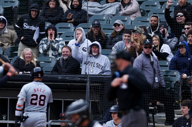 Fans boo Detroit Tigers shortstop Javier Baez, 28, after he struck out during the ninth inning of the game against the Chicago White Sox at Guaranteed Rate Field in Chicago on March 31, 2024. (Eileen T. Meslar/Chicago Tribune)