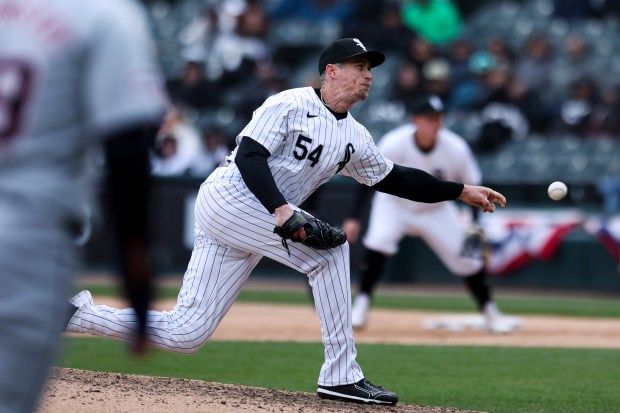 Chicago White Sox relief pitcher Tim Hill, 54, pitches during the ninth inning of the game against the Detroit Tigers at Guaranteed Rate Field in Chicago on March 31, 2024. (Eileen T. Meslar/Chicago Tribune)