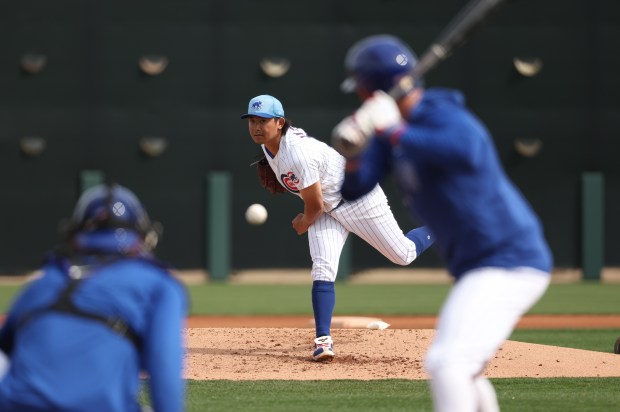 Chicago Cubs pitcher Shota Imanaga pitches live batting practice before the start of a game between the Chicago Cubs and the San Diego Padres at Sloan Park on Sunday, Feb. 25, 2024, in Mesa, Arizona. (Stacey Wescott/Chicago Tribune)