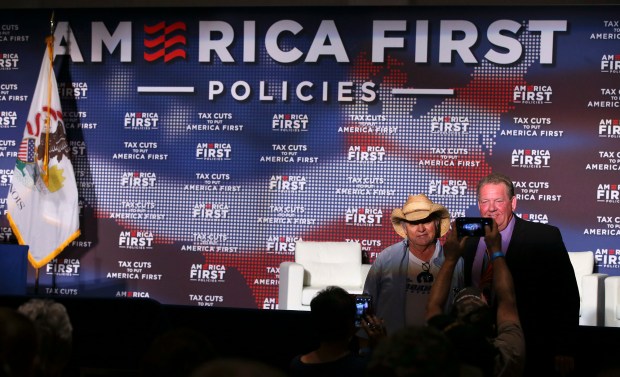 Delegate Jaye DeBates, right, attends a Vice President Mike Pence event on July 13, 2018, in Rosemont. (Stacey Wescott/Chicago Tribune)