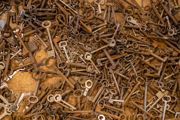 A collection of assorted antique keys for sale, March 10, 2024, at Architectural Artifacts in River North. (Brian Cassella/Chicago Tribune)
