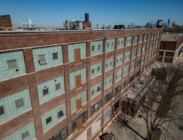 A warehouse building in North Lawndale on Feb. 29, 2024, that the Steans Family Foundation is being rehabbed into The Fillmore Center, a new business and manufacturing center. (Brian Cassella/Chicago Tribune)