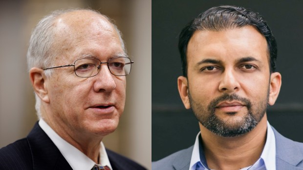 U.S. Rep. Bill Foster, left, is challenged by attorney Qasim Rashid in the Democratic primary to represent the 11th District. (Armando L. Sanchez/Chicago Tribune and Rashid campaign photo)