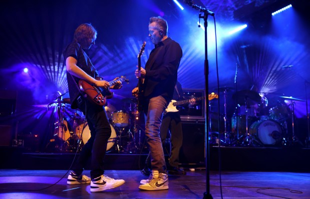 Jason Isbell, right, with 400 Unit guitarist Sadler Vaden perform at the Salt Shed in Chicago on Feb. 29, 2024. (Chris Sweda/Chicago Tribune)