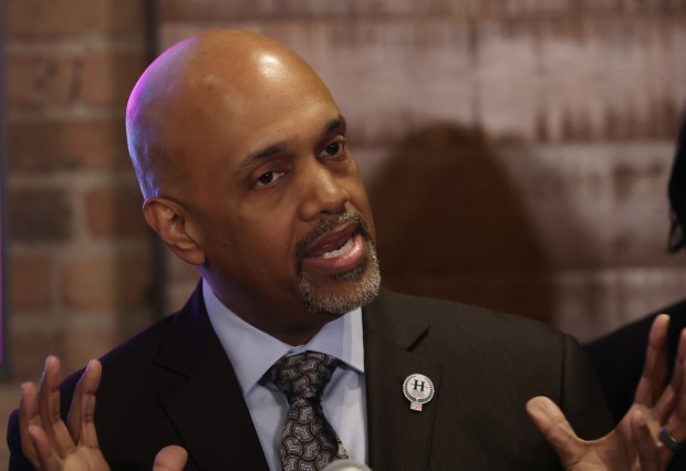 Clayton Harris III, Cook County state's attorney candidate, addresses supporters at his campaign election night gathering at a restaurant in the 200 block of North Canal Street on Tuesday, March 19, 2024, in Chicago. (John J. Kim/Chicago Tribune)