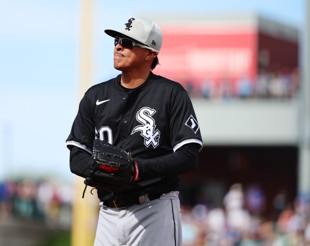 White Sox pitcher Jesse Chavez reacts as he walks off the field during a spring training game against the Cubs on Feb. 23, 2024, in Mesa, Ariz. (Stacey Wescott/Chicago Tribune)