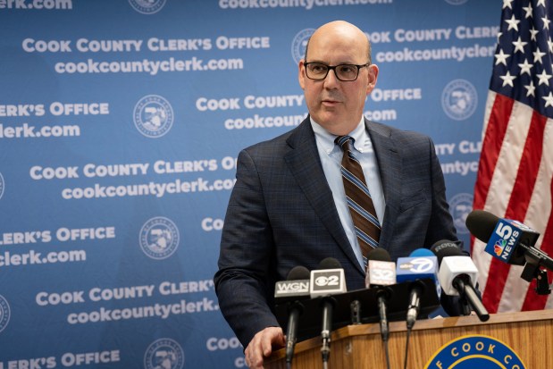 Edmund Michalowski, Cook County deputy clerk of elections, updates reporters on the ongoing mail-in vote counting process in the Cook County state's attorney primary race on Thursday, March 21, 2024. (E. Jason Wambsgans/Chicago Tribune)