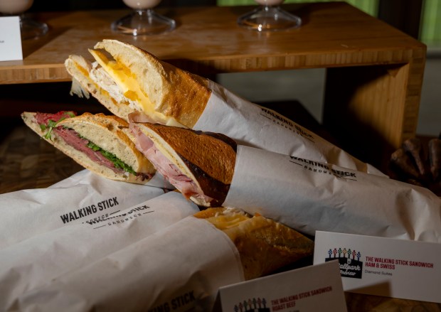 The Walking Stick sandwiches including roasted turkey, roast beef and ham and cheese, available in the suites as the White Sox preview new food offerings Thursday, March 21, 2024, at Guaranteed Rate Field. (Brian Cassella/Chicago Tribune)