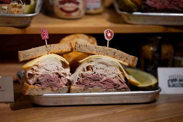 The Michigan Avenue sandwich with roast beef, turkey breast, muenster cheese, Vidalia onions and Louie dressing on rye bread available at the Huntington Bank Stadium Club as the White Sox preview new food offerings Thursday, March 21, 2024, at Guaranteed Rate Field. (Brian Cassella/Chicago Tribune)