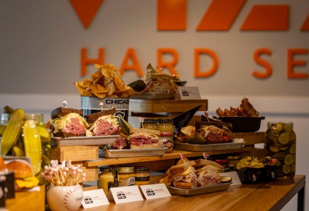 A selection of sandwiches as the White Sox preview new food offerings Thursday, March 21, 2024, at Guaranteed Rate Field. (Brian Cassella/Chicago Tribune)