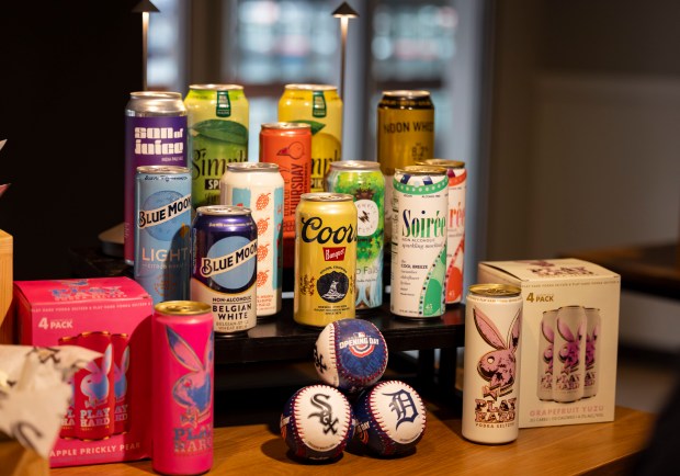 A selection of alcoholic and non-alcoholic drinks as the White Sox preview new food offerings Thursday, March 21, 2024, at Guaranteed Rate Field. (Brian Cassella/Chicago Tribune)