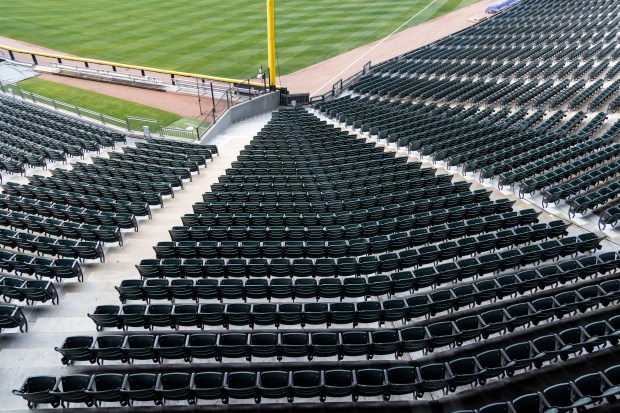 The field and stadium bowl are prepared for Opening Day between the White Sox and Tigers next week Thursday, March 21, 2024, at Guaranteed Rate Field. (Brian Cassella/Chicago Tribune)