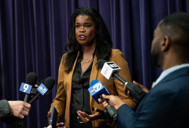 Cook County State's Attorney Kim Foxx talks to repoters about the charges against a 16-year-old boy in connection with a fatal shooting at a home in the Chatham neighborhood at CPD headquarters on Thursday, March 21, 2024. (E. Jason Wambsgans/Chicago Tribune)