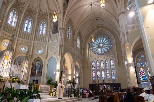 Cardinal Blase Cupich delivers the homily during an Easter Mass on Sunday, March 31, 2024, at St. Moses the Black Parish in Grand Crossing. (Brian Cassella/Chicago Tribune)