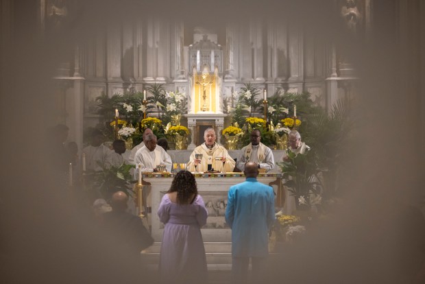 Cardinal Blase Cupich conducts an Easter Mass on Sunday, March 31, 2024, at St. Moses the Black Parish in Grand Crossing. (Brian Cassella/Chicago Tribune)