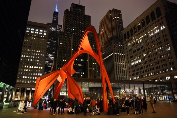 Chicagoans calling for a ceasefire in Gaza gather in Federal Plaza for a 24-hour vigil that coincided with President Biden's State of the Union address on March 7, 2024. (Chris Sweda/Chicago Tribune)