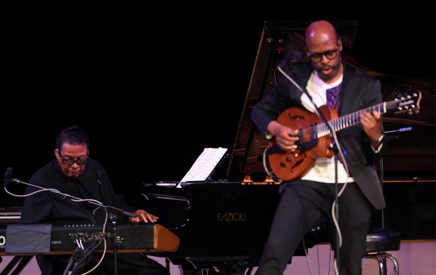 Piano and keyboard player Herbie Hancock, left, and guitarist Lionel Loueke perform during a Jazz Series concert at Symphony Center in Chicago on Saturday, March 30, 2024. (Chris Sweda/Chicago Tribune)