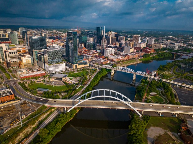 Sunrise view of the downtown Nashville skyline as seen over the Cumberland River in July 2022. (Joe Sohm/Visions of America/Universal Images Group)