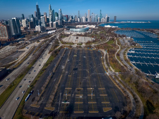 Soldier Field and the south parking areas on Dec. 5, 2023. A proposed new stadium would be in the area of Waldron Drive, just south of the Bears' current home. The project would include open plazas, paths and landscaping, with access to the lakefront, and could include saving the Soldier Field colonnade in honor of veterans. (E. Jason Wambsgans/Chicago Tribune)