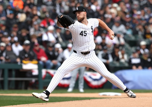 Chicago White Sox starting pitcher Garrett Crochet (45) delivers to the Detroit Tigers in the first inning on opening day at Guaranteed Rate Field in Chicago on March 28, 2024. (Chris Sweda/Chicago Tribune)