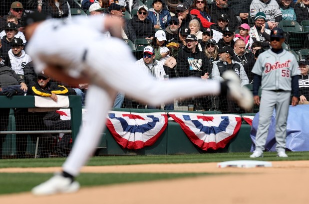 Fans take in the action as Chicago White Sox starting pitcher Garrett Crochet (45) delivers to the Detroit Tigers in the first inning on opening day at Guaranteed Rate Field in Chicago on March 28, 2024. (Chris Sweda/Chicago Tribune)