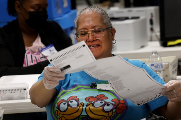 Election judges process and count mail-in ballots at the Board of Elections in Chicago on March 22, 2024. (Antonio Perez/Chicago Tribune)