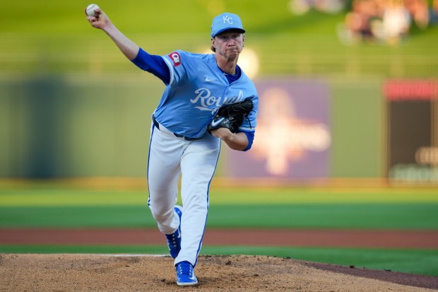 The Royals' Brady Singer throws in the first inning during a spring training game against the Cubs at Surprise Stadium on March 5, 2024 in Surprise, Ariz. (Aaron Doster/Getty Images)